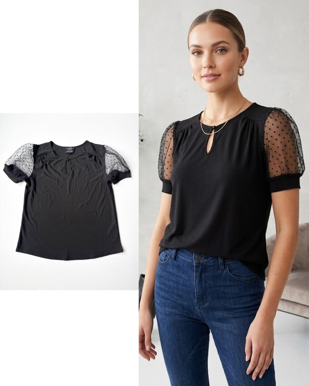 Flower & Feather Black Top with Polka Dot Mesh Puff Sleeves | Size Small